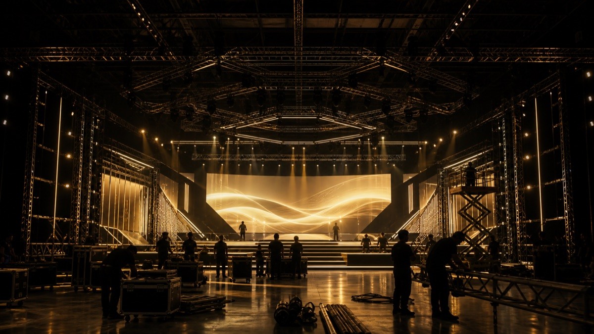 Illustration of a stage under construction inside an event venue