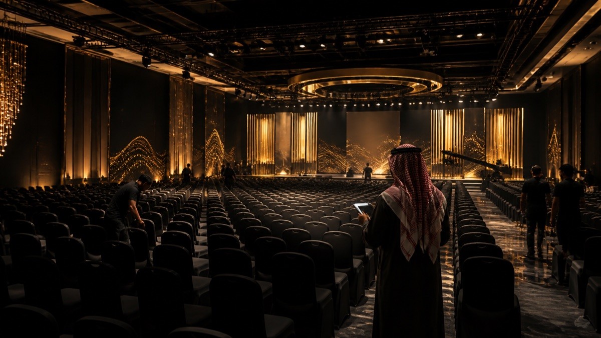 Illustration of an event auditorium with rows of seats and a lit stage