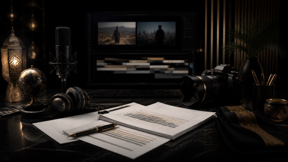 Scripts, headphones and screens in a content production workspace