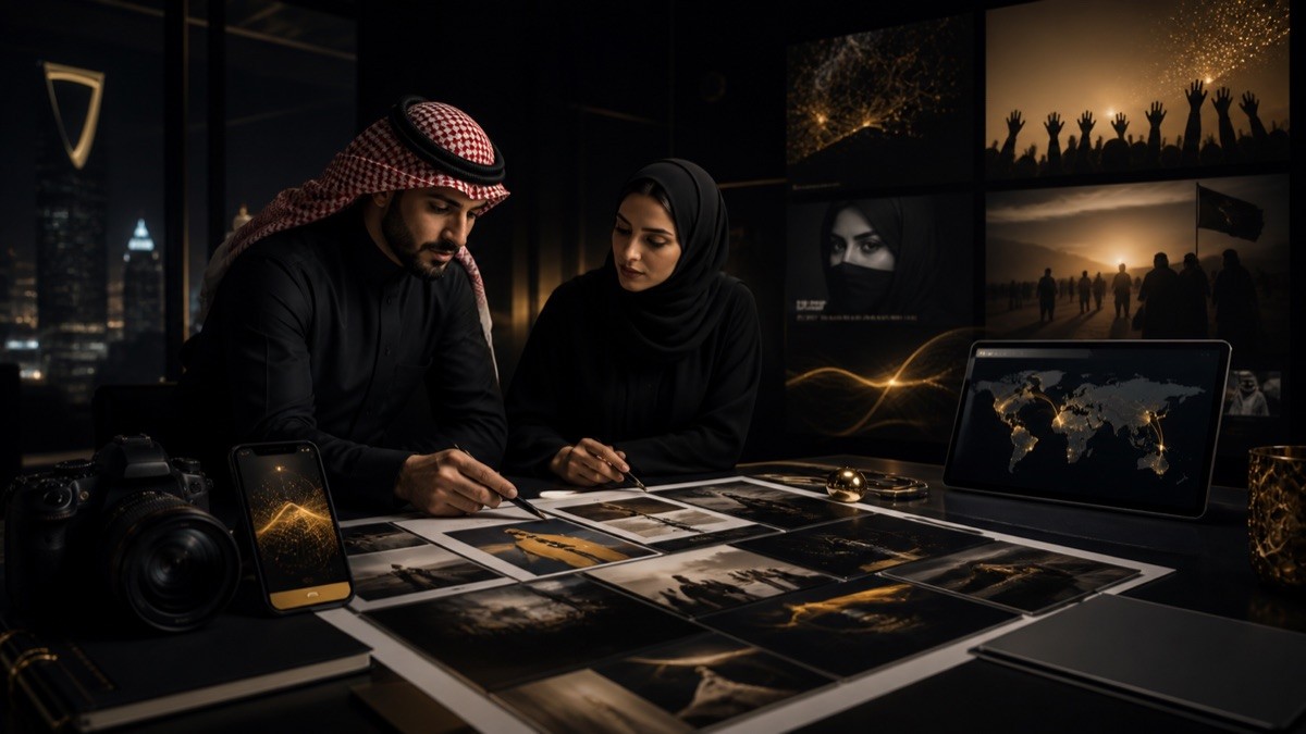 Illustration of a team reviewing marketing materials