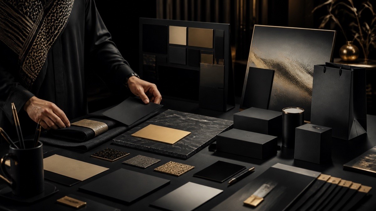 Brand identity materials and stationery arranged on a desk